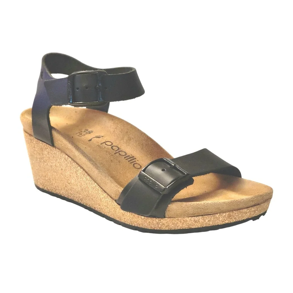 Papillio by Birkenstock Soley Black Leather Cork Slingback Wedge Sandals 38 7